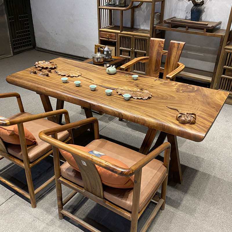 胡桃木实木大板茶桌办公室原木书桌实木雕刻泡茶桌新中式泡茶桌