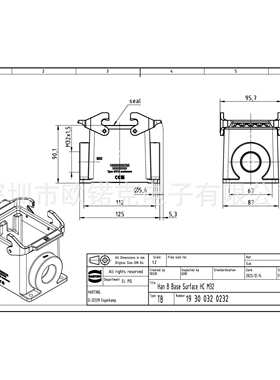 HARTING浩亭19300320232哈丁矩形连接器高结构双锁扣表面安装底座
