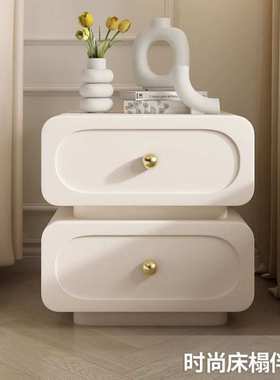 n~家用极简轻奢实木床头柜简约现代法式奶油风储物柜黑色卧室床边