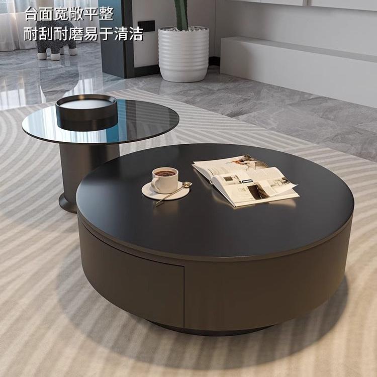 岩板圆形茶几客厅家用轻奢现代简约大小户型黑色茶桌玻璃意式极简