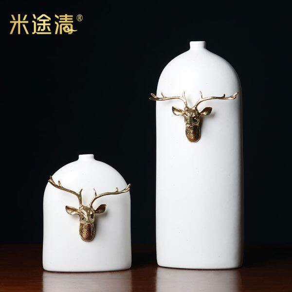 新中式鹿头白色陶瓷花瓶摆件样板房茶室软装饰品售楼处客厅玄关