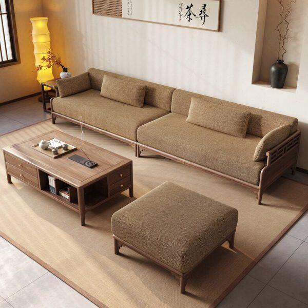 新中式北美黑胡桃木布艺直排沙发四人座禅意侘寂风办公室客厅家具