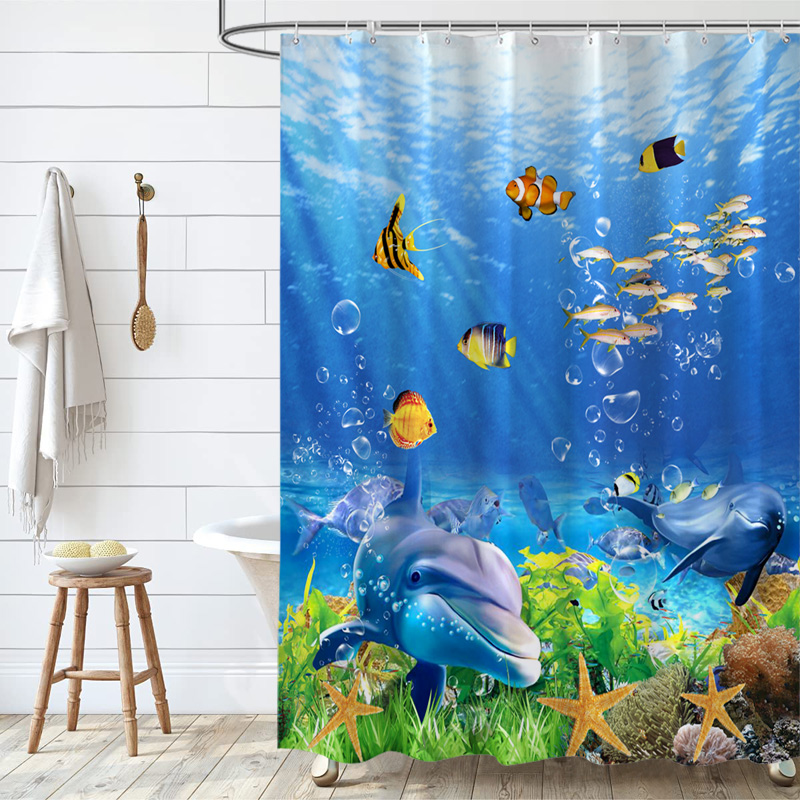 卡通海洋鱼浴帘卧室隔断帘加厚防水防霉布浴室挂帘X门帘海豚窗帘