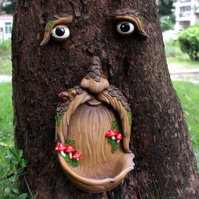 户外庭院复活节树皮五官树脸蘑菇喂鸟器花园装饰北欧树脂工艺摆件