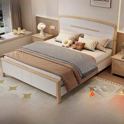 实木床白色轻奢中式简约静音.米主卧杏色双人.气压储物榫卯床