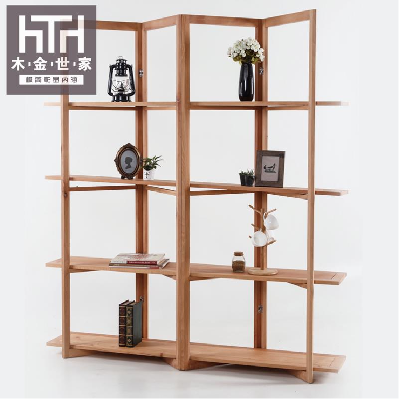 日式原木折叠屏风书架北欧实木隔断置物陈列架现代简约玄关展示架