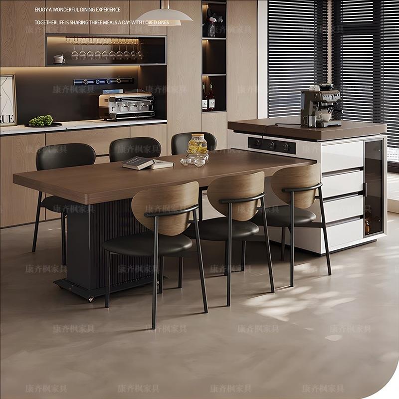 意式极简全托挂边岩板岛台餐桌一体家用可伸缩高级轻奢风导台餐椅