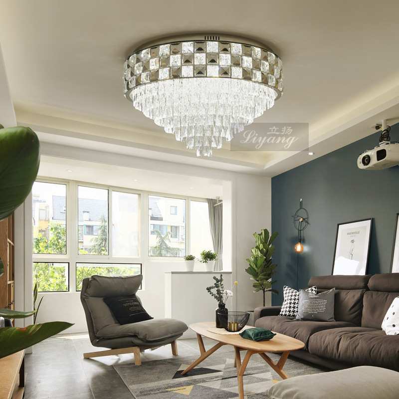 跨境不锈钢别墅客厅圆形水晶吸顶灯样板房灯卧室轻奢会议室水晶灯