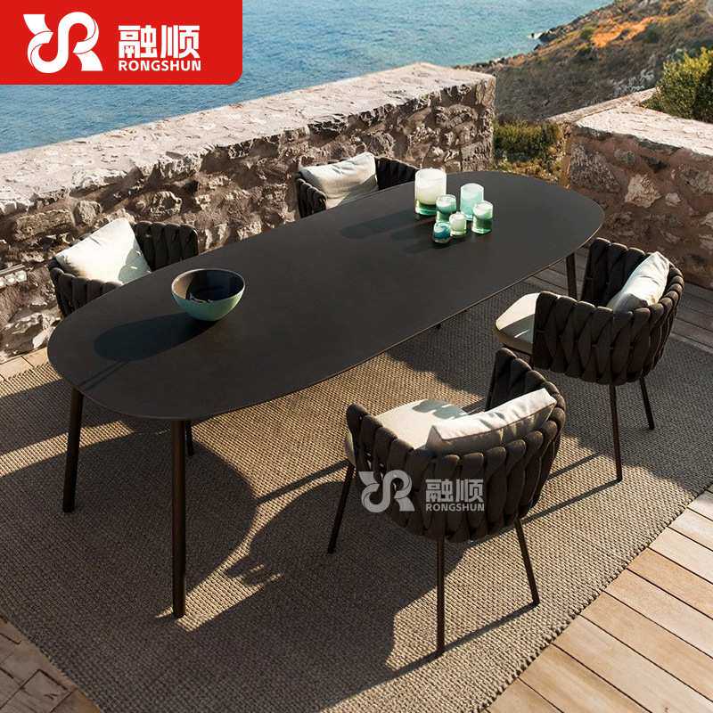 户外桌椅组合别墅庭院花园民宿酒店岩板餐桌椅室外桌椅组合藤椅