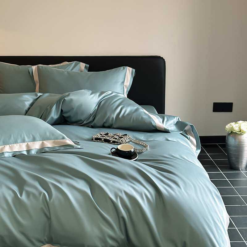 新款V7HM7高级轻奢风纯色100S天丝棉四件套双层拼角舒适柔软