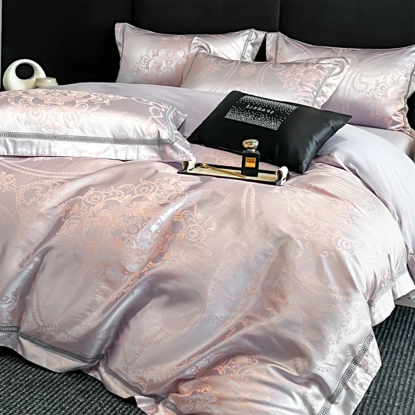 A类60支贡缎提花纯棉四件套轻奢小清新全棉被套裸睡床单床上用品4