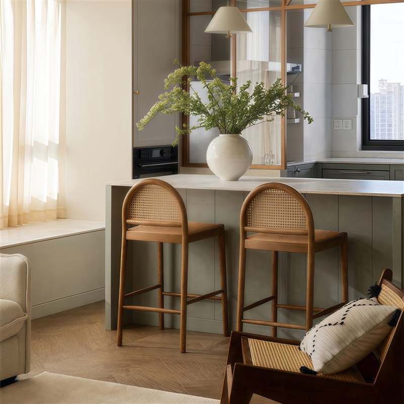 实木藤编吧台椅简约酒吧椅u家用岛台椅侘寂风吧台高脚凳前台高脚