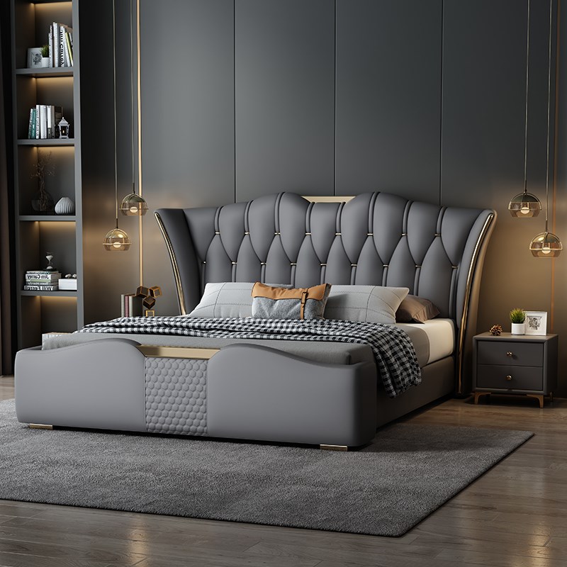 意式真皮床2米婚床主卧双人v大床现代简约1.8米软包轻奢高级感皮