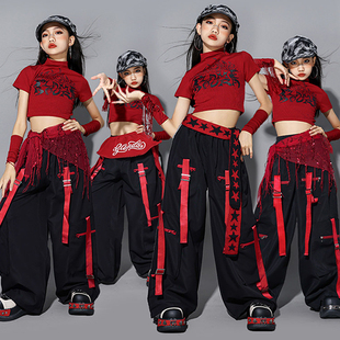 女童jazz爵士舞演出服儿童红色街舞表演服装少儿裤子女孩走秀潮装