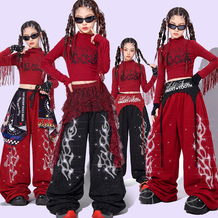 女童jazz红色爵士舞演出服儿童街舞服装女孩流苏上衣纯色闪钻裤子图片