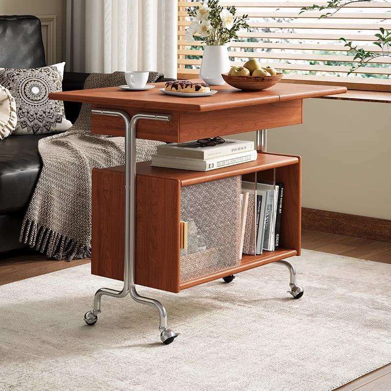 中古风小推车实木客厅茶几储物樱桃木置物架简约餐车可移动边几