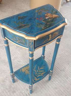 至高美花几复古蓝色一斗台花盆架储物边几山水彩绘家具实木置物架