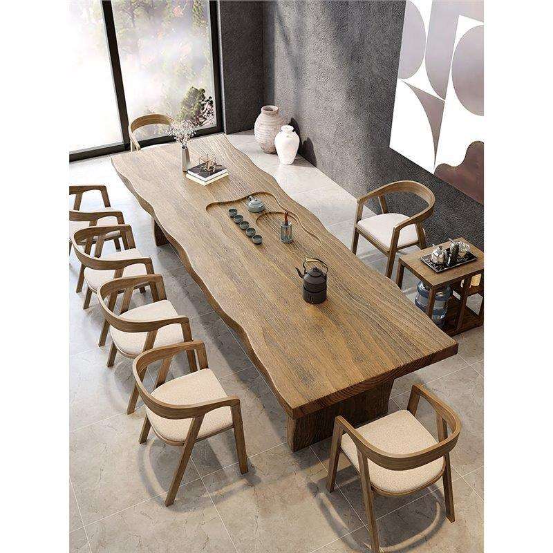 ft新中式大版茶桌现代简约茶台实木茶盘一体一桌五椅办公茶桌椅组