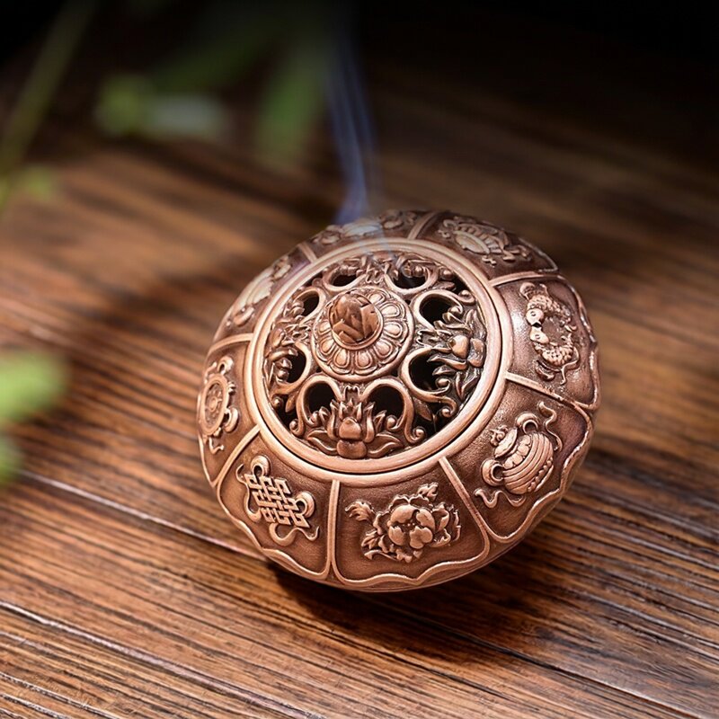 藏传合金香炉藏族用品手工雕刻八吉祥熏香炉家居室内用盘香炉