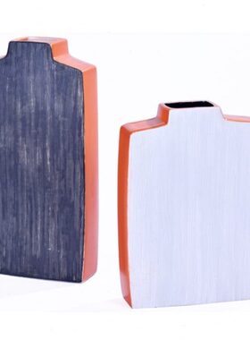 蓝白色陶瓷方块扁形小口花瓶手工素描花器插花摆件欧式客厅装饰品