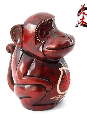 可爱生肖猴大号存钱罐储钱罐木雕零钱J储蓄罐创意生日礼品摆件
