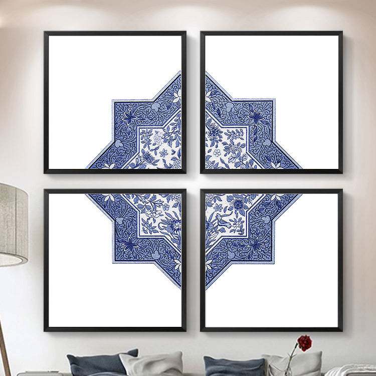 圣仕现代简约背景四联装饰画客厅新中式沙发餐厅挂画卧室玄关壁画