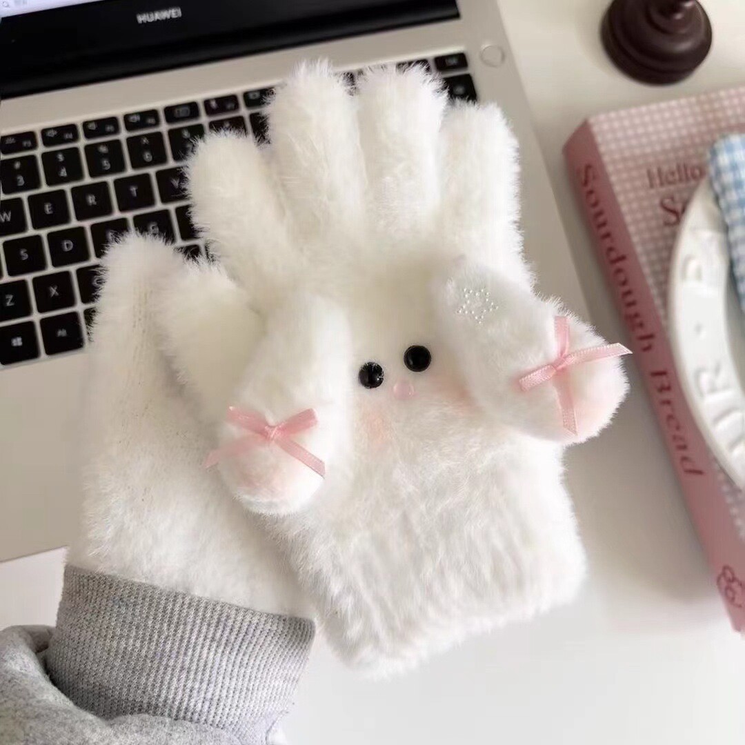 害羞雪人~腮红萌系纯白毛绒五指手套女生冬季少女心学生防寒保暖