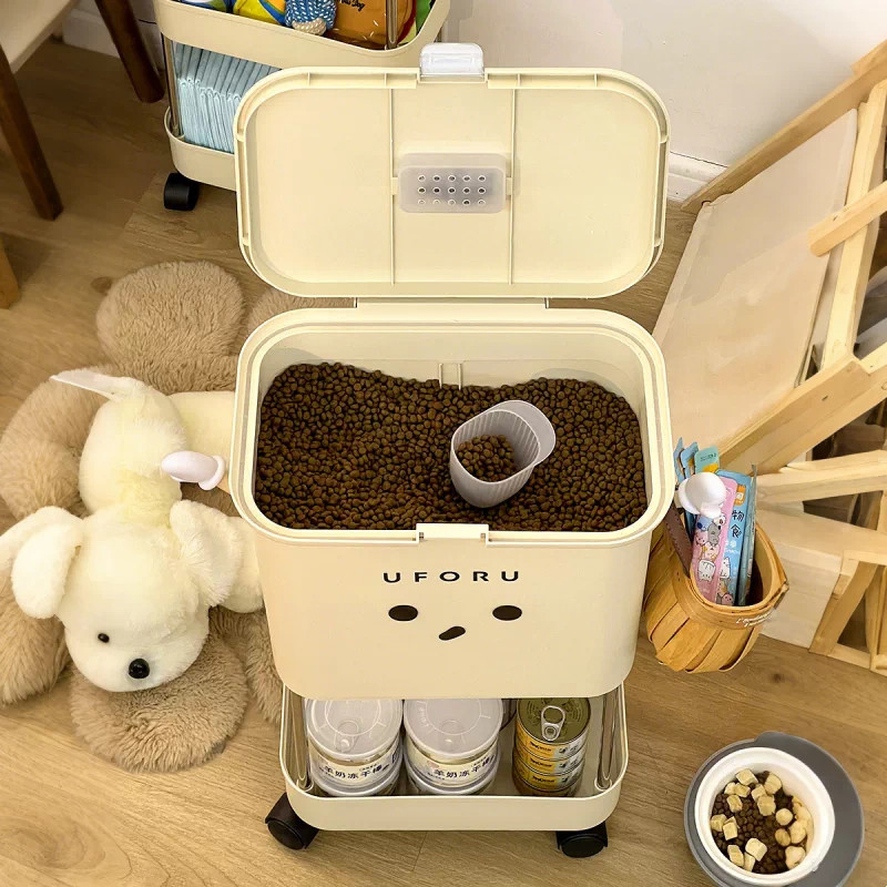 宠物储粮桶狗粮猫粮储存盒防潮密封罐挂罐头冻干零食收纳架带滚轮
