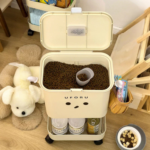宠物储粮桶狗粮猫粮储存盒防潮密封罐挂罐头冻干零食收纳架带滚轮