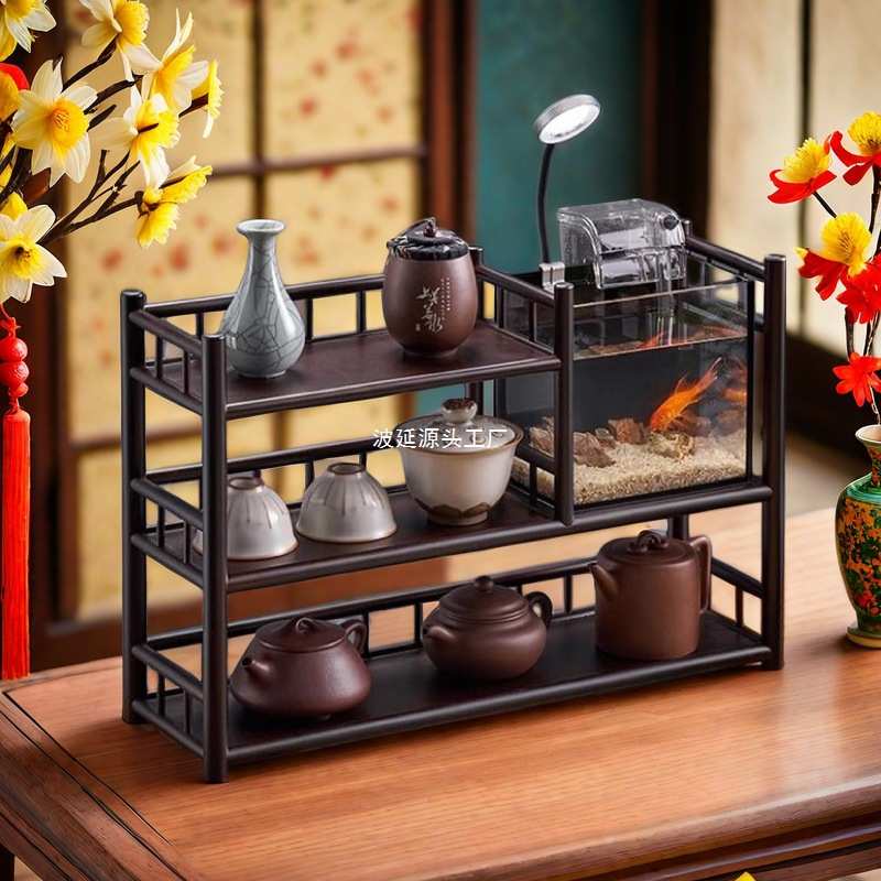 鱼鱼缸架架子桌面茶茶具茶盘楠竹茶壶博古置物架博古架茶架收纳工