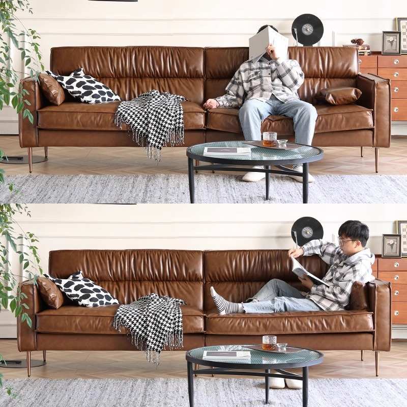 意式极简沙发复古轻奢油蜡皮简约皮艺沙发客厅直排中古沙发直排