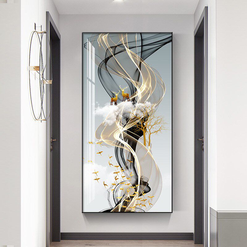 玄关麋鹿挂画装饰画竖版入户正对门福禄走廊O过道壁画鹿鹿高升晶