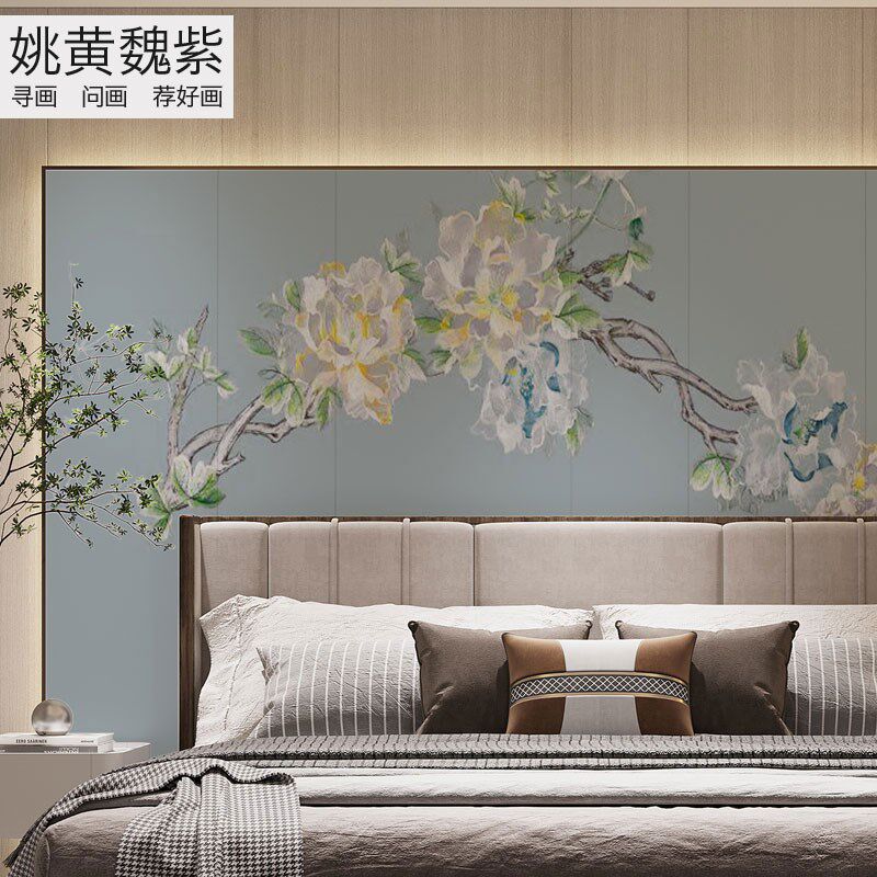 蓝色低饱和法式浅色年轻时尚牡丹大花朵独绣壁画硬包床屏机绣壁布
