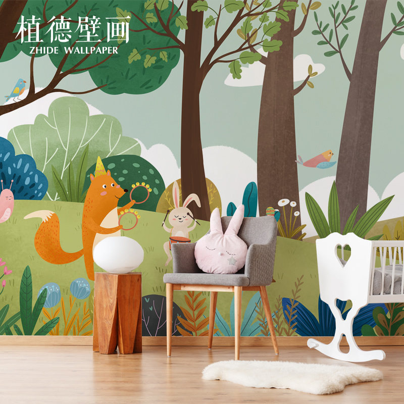 卡通森林动物g儿童房壁纸墙布 男孩墙纸游乐场壁布 幼儿园壁画定
