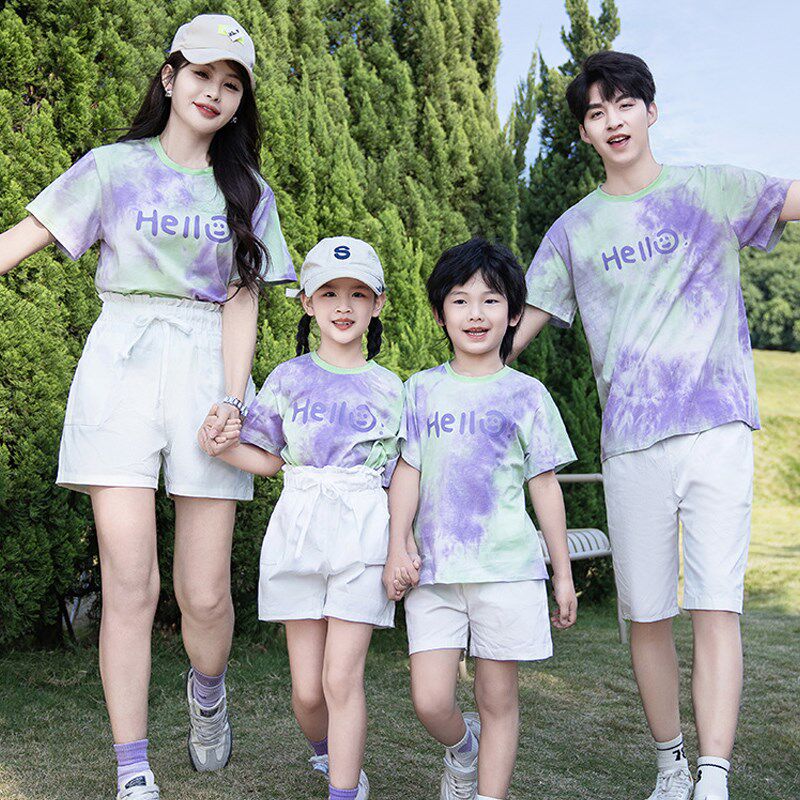 2025新款f高端亲子装扎染t恤夏季母子母女套装幼儿园亲子活动服装