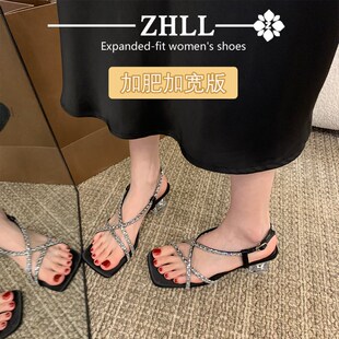 宽胖脚大码 一字带罗马粗跟凉鞋 女2024新款 夏外 41一43水p钻高跟鞋