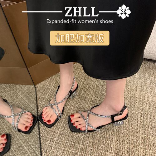 宽胖脚大码41一43水p钻高跟鞋一字带罗马粗跟凉鞋女2024新款夏外