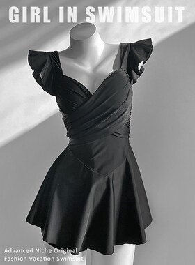 黑色连体泳衣女高级感显s瘦遮肚钢托聚拢泡温泉保守分体裙式游泳