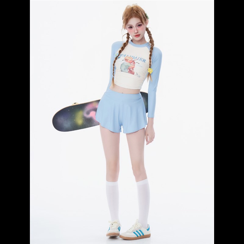 缪蓝少女感2025新款学生泳衣女分体长袖保K守显瘦韩国ins泳装平角