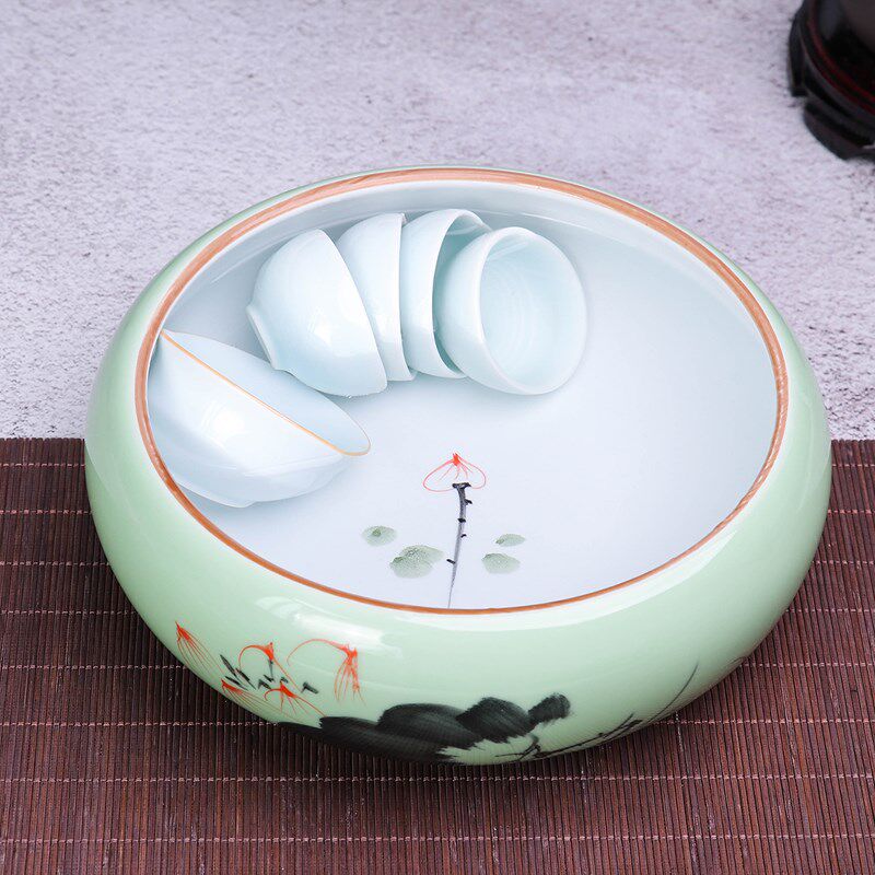 手绘青花陶瓷茶洗盆茶具家用大号洗茶具盆笔洗茶渣V缸建水水盂特