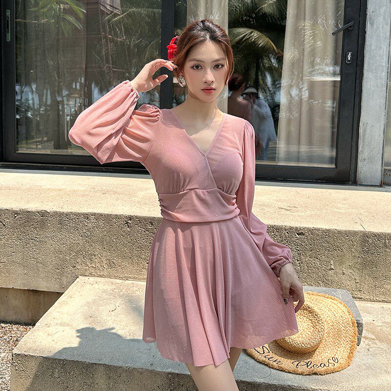 连体钢托聚拢泳衣女款大码长袖裙式带钢圈裙式温泉2024新款胖妹妹