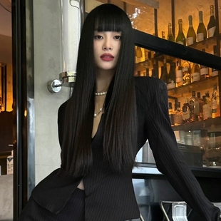 御姐黑长直假发女长m发圆脸气质自然逼真空气刘海全头套 模特街拍