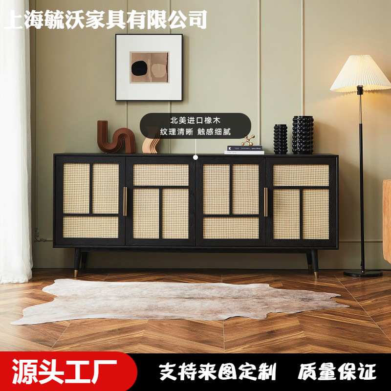 中古风复古做旧实木黑色餐边柜北欧民宿酒店双门柜藤编储物玄关柜