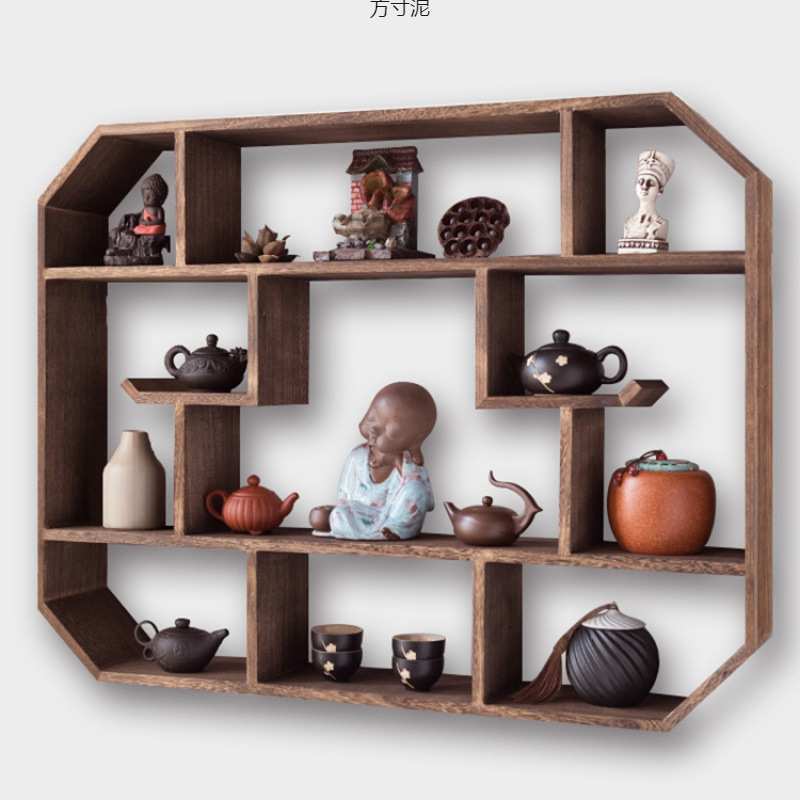 博古架实木中式壁挂式墙上客厅置物架实木茶具茶壶架子挂墙博古架