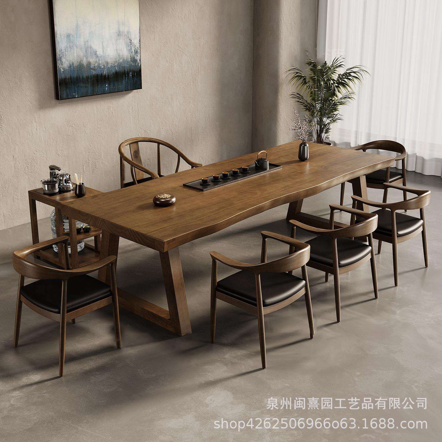 新中式实木大板复古泡茶桌子简约创意板式休闲接待茶台喝茶桌椅