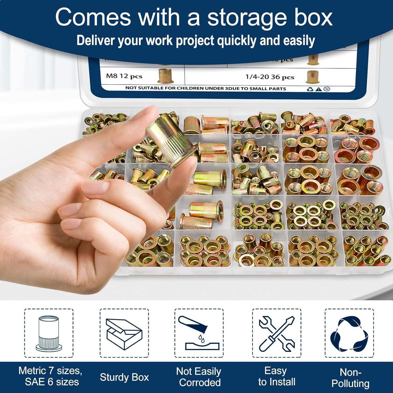 跨境盒装螺母420pcs彩锌拉铆螺母组合平头竖纹铆螺母铆接螺母套装