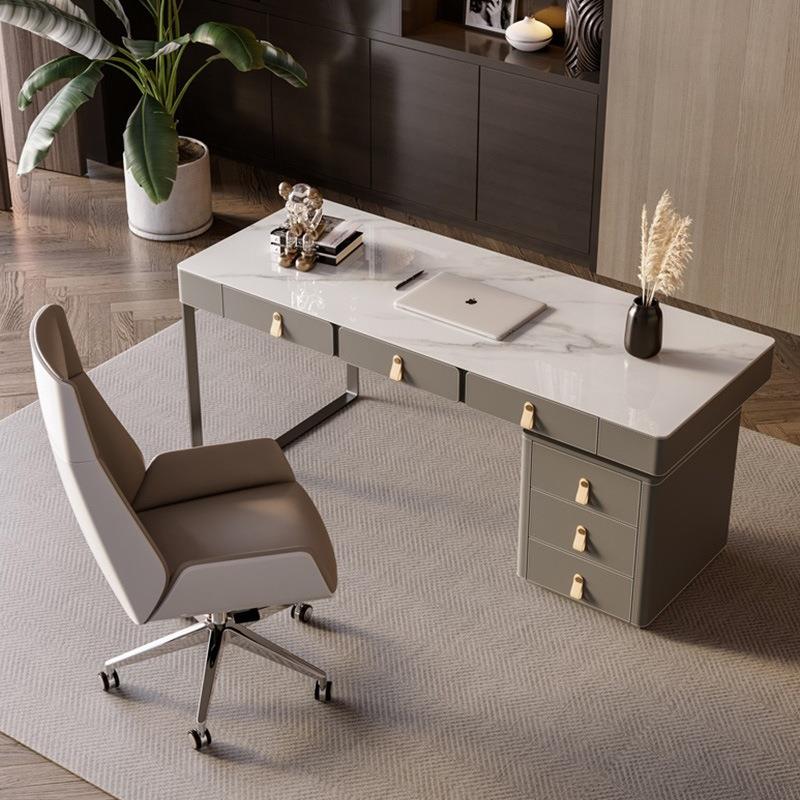 轻奢岩板马鞍皮书桌现代简约台式电脑桌椅家用书房写字台办公桌子