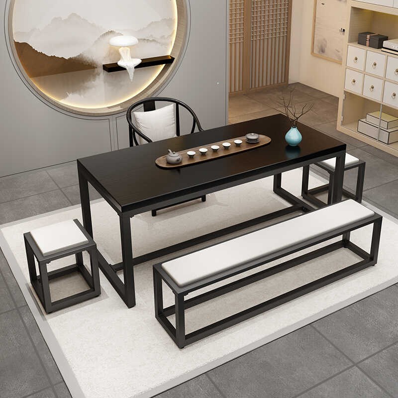家用实木茶桌中古诧寂风黑色长方形茶馆客厅设计铁艺原木茶几