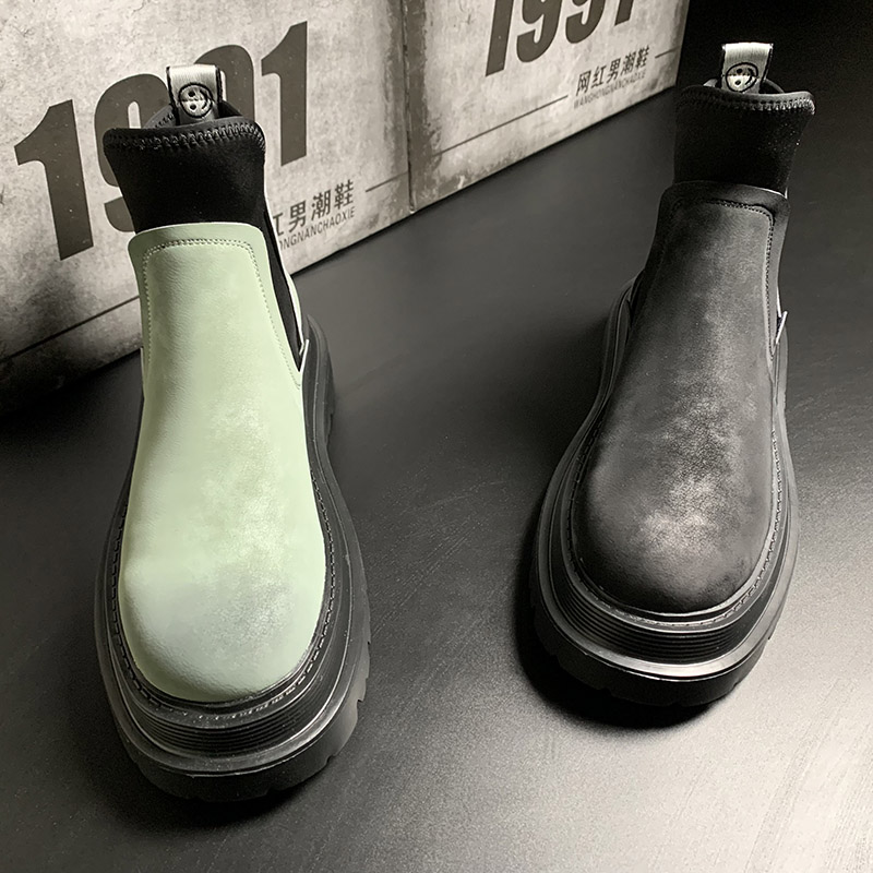 男鞋冬款加绒潮男马丁靴中帮英伦风潮流短靴男一脚蹬厚底机车靴男