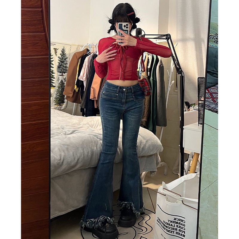 2-300斤胖mm大码女装复古流苏毛边微喇牛仔裤高腰显瘦弹力喇叭裤